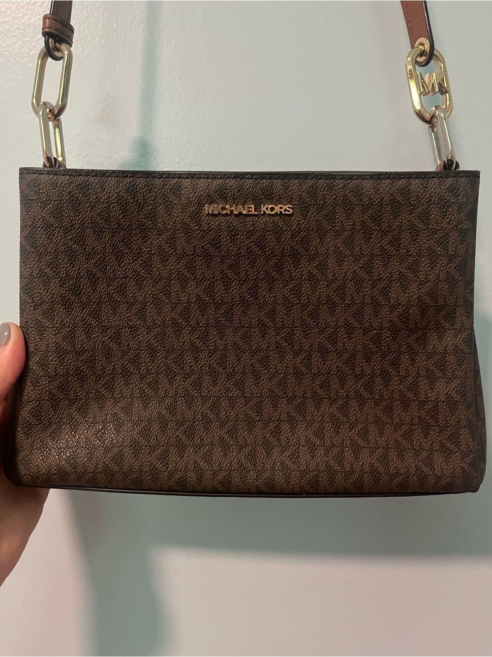 MICHAEL KORS Brown Logo-Print Crossbody with Gold Hardware